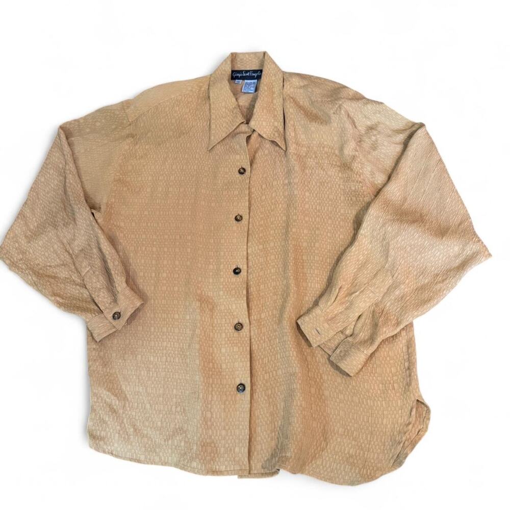 Vintage 90s Gold Silk Button Up Women's Blouse M Shoulder Pads Oversized Indie